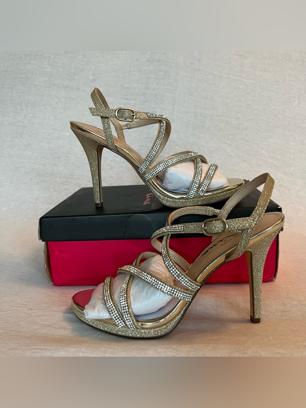 Touch of Nina Rami Rhinestone Strappy High Heel Sandals in Gold
